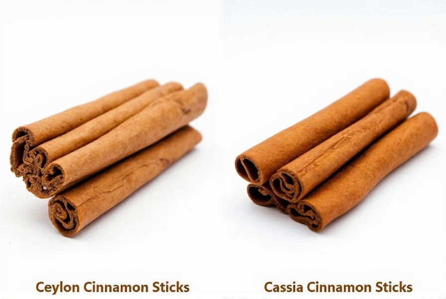 Side-by-side comparison of Ceylon cinnamon sticks showing multiple thin layers versus single thick cassia cinnamon sticks