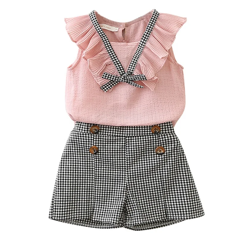 

B61944A 2019 summer Korean foreign trade girl chiffon vest + plaid hot pants two-piece suit for children, White/pink