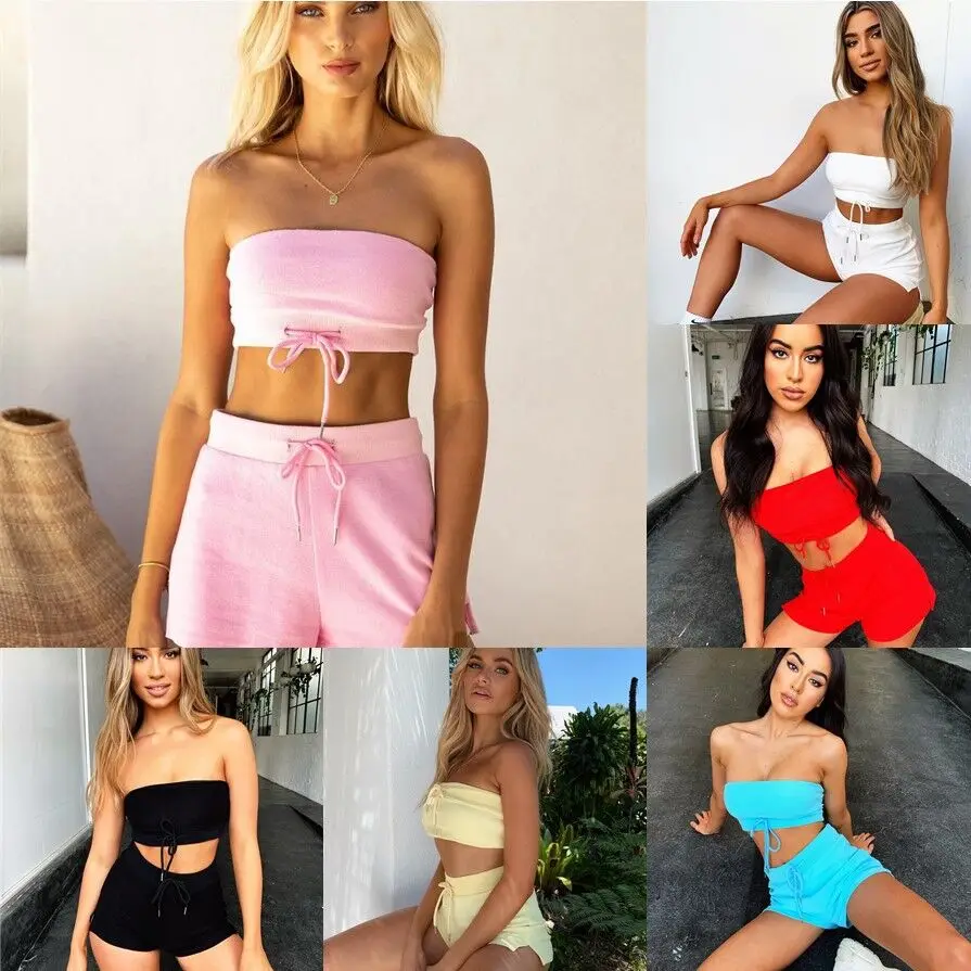 

Fashion Custom Logo Sexy Sleeveless Outfits 2 Piece Clothing Summer Women Short Set, Black,white,blue,pink,red, yellow