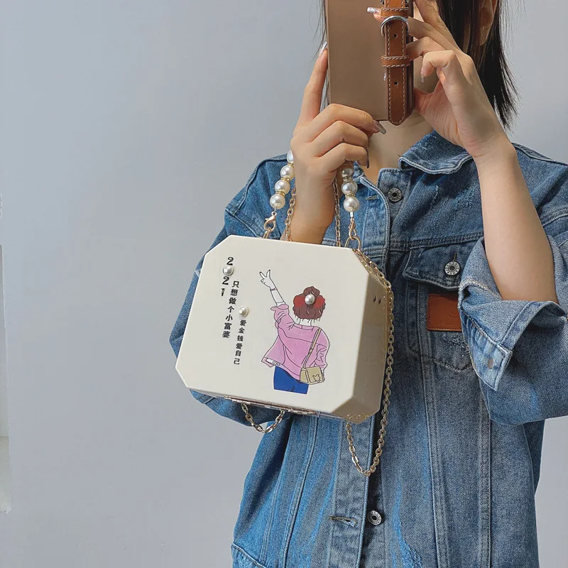 

Fashion printed box bag 2021 new fashion pearl handle purse chain crossbody shoulder acrylic handbag clutch, 5colors