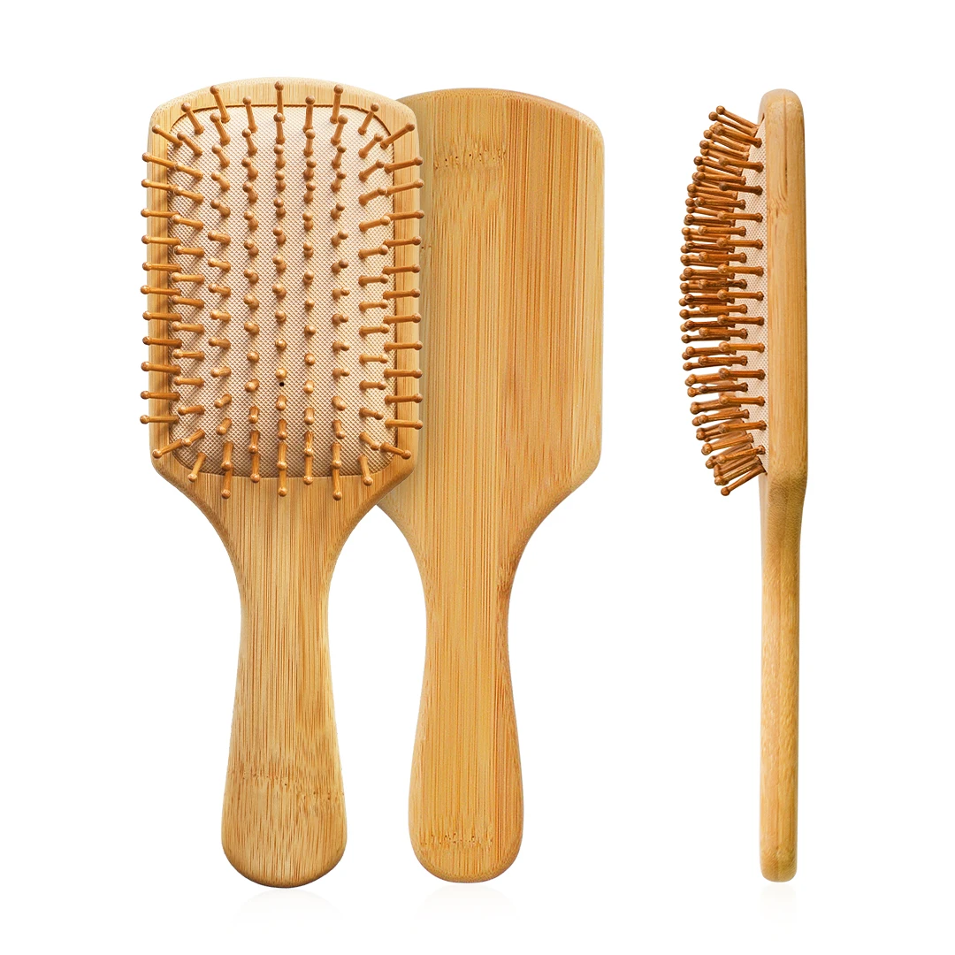 

Low MOQ Customized eco-friendly Biodegradable Long Handle Natural Bamboo Wood Massage Scalp Air Paddle Hair Brush