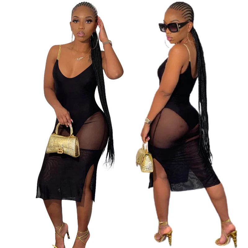 

V-Neck Black Transparent Sexy 2021 Slip Mesh Sexy Summer Dresses