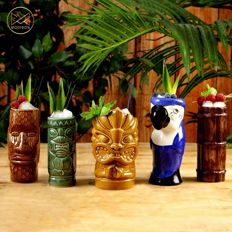

350ml-700ml 5 Styles Hot Sell Ceramic Hawaii Tiki Mugs Cocktail Cup Stoneware Beer Beverage Parrot Mug, Blue/green/yellow