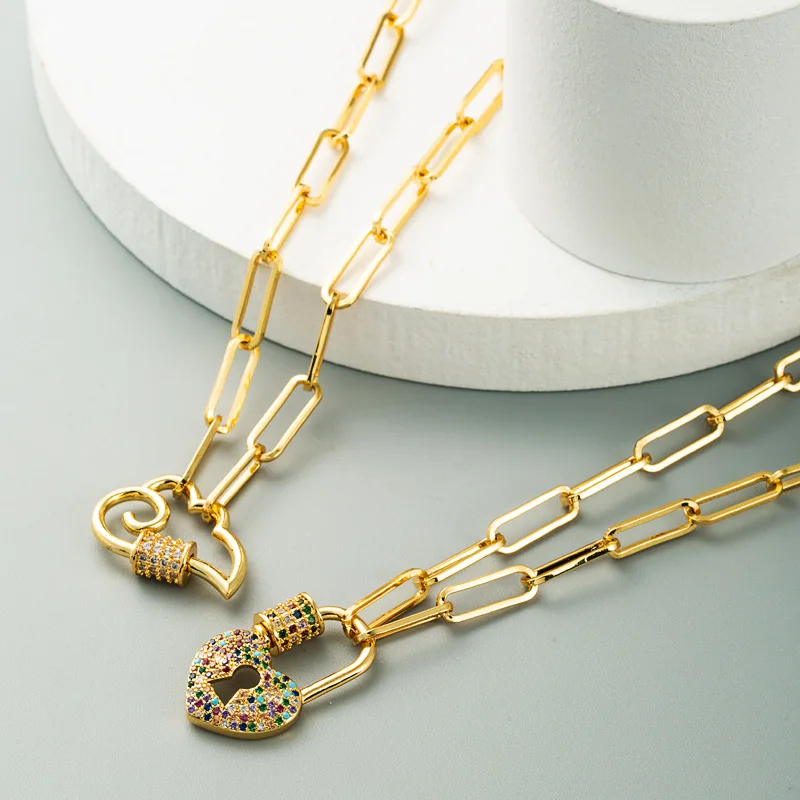 

Fashion Gold Plating Micro Pave CZ Carabiner Lock Necklace Colorful Rhinestone Crystal Heart Choker Necklace, Picture color