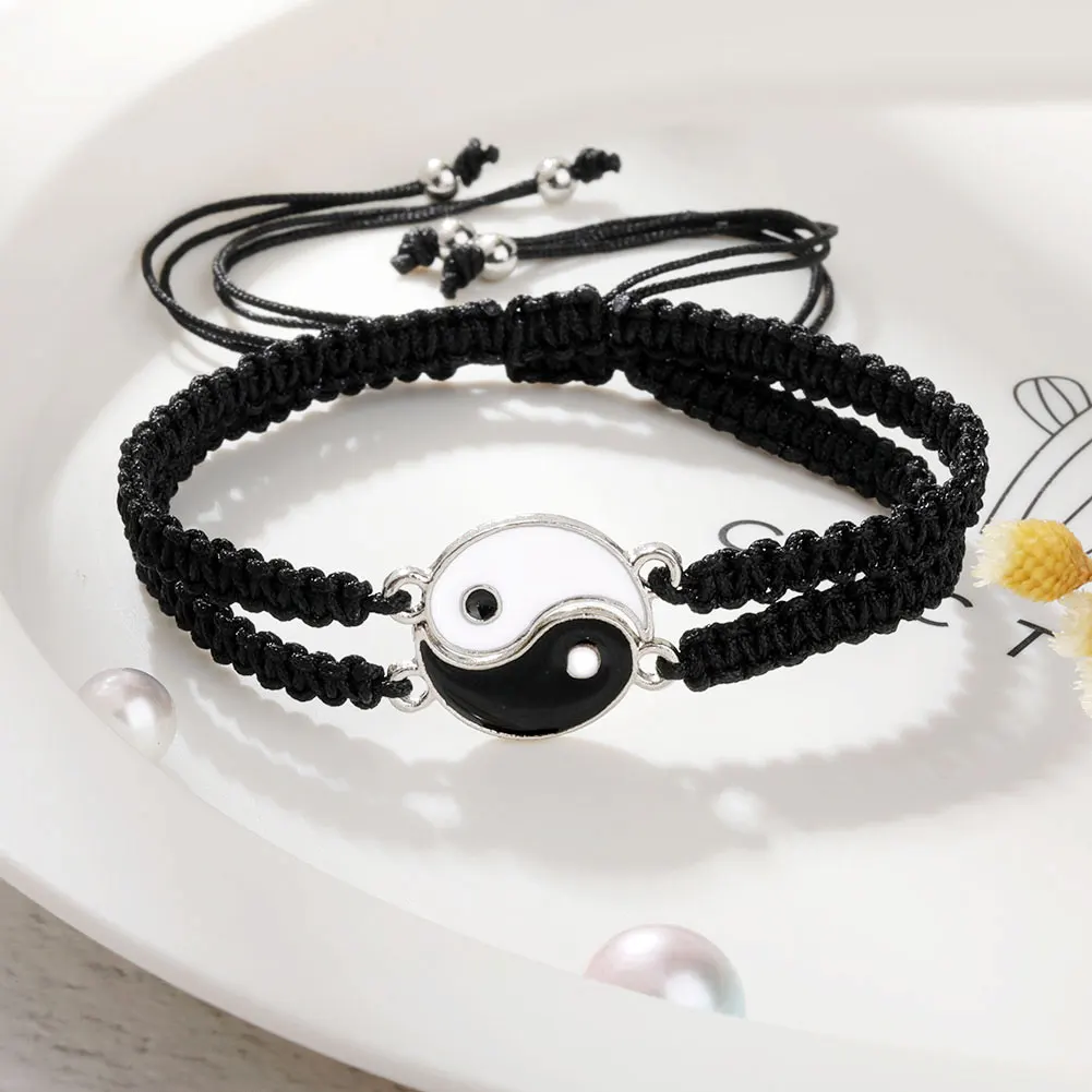 

Valentines Day Yin and Yang Tai Chi Black and White Handmade Wax Cord Woven Friendship Bracelets Pulseras