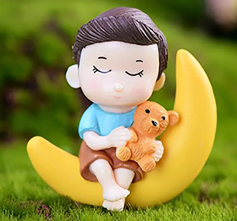 Dreamful Childhood Mini Boy and Girl Sitting on Moon Sweet Kids Couple Figurine