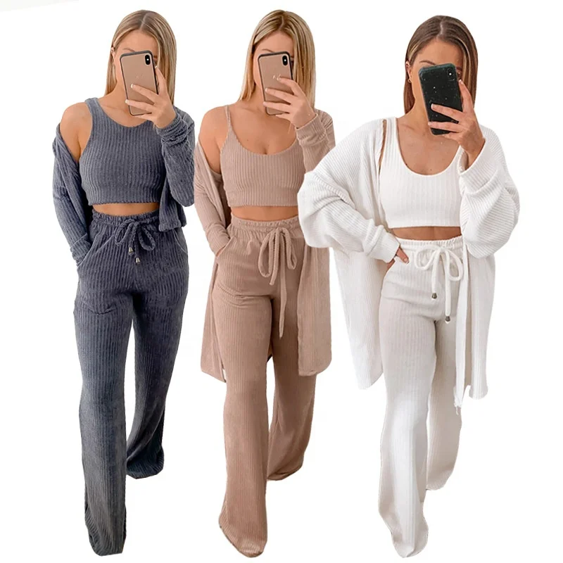 

2020 fall clothing plus size sexy causal ladies loose cardigan tank top pant 3 Piece Legging knitted sweater Set for women