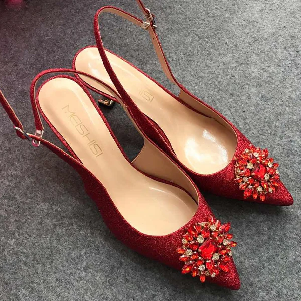 

Goxeou Fancy Rhinestone Dress Shoes Large Size Slip on Slingbacks for Ladies Pointed Toe Low Heel Shiny Women Slingback Shoes