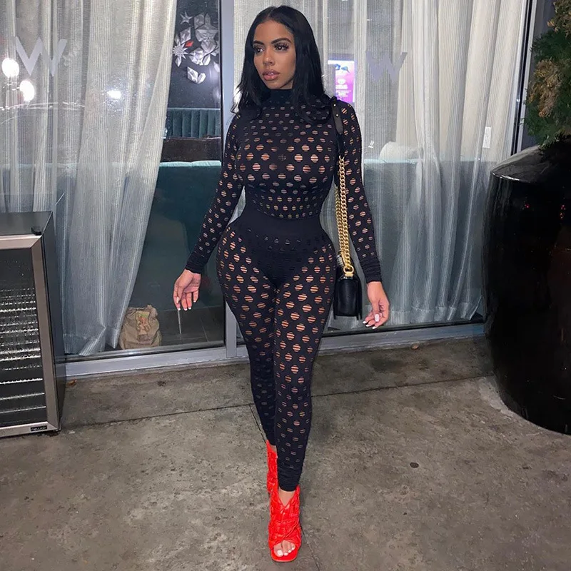 

Hollow Out Hole 2 Piece Set Long Sleeve T Shirt Leggings Bodycon See Through Sexy Streetwear 2020 Autumn Winter Club