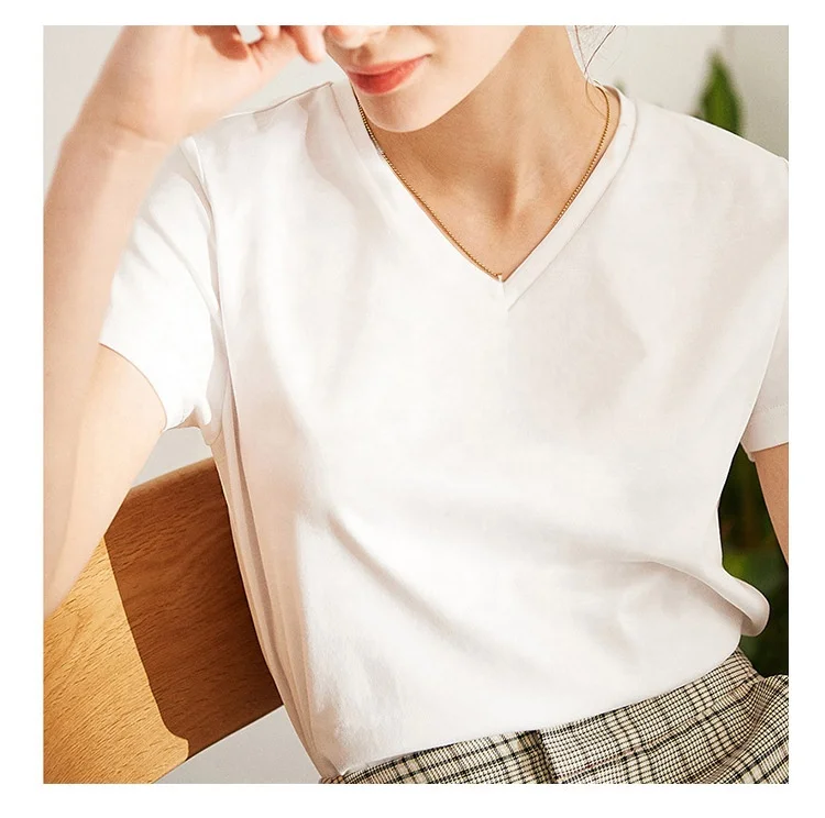 

Summer combed cotton ladies v-neck t-shirt all-match slim bottoming shirt