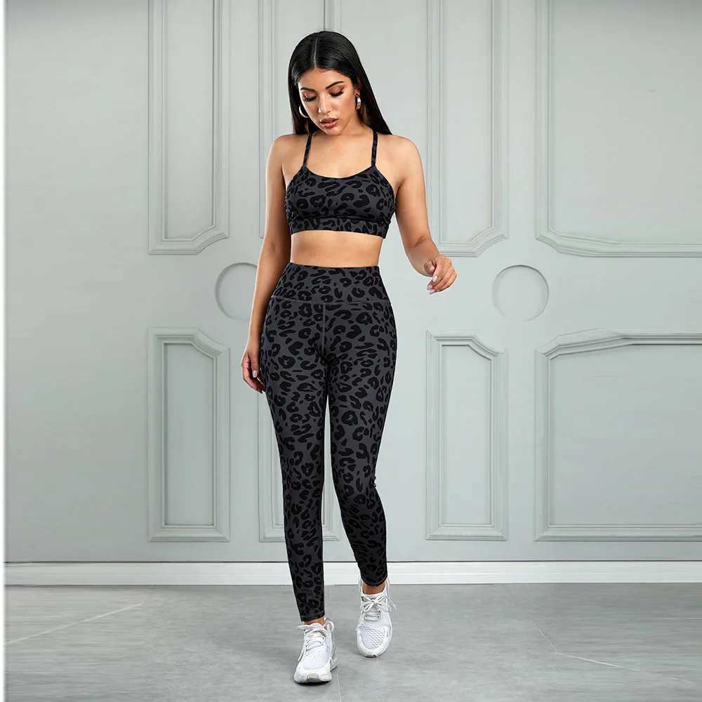

Sweatsuits leopard print yoga clothing two piece women's yoga set plus size leggings sexy yoga wear, Grey, leopard print