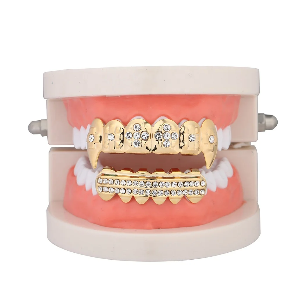 

Custom Hip Hop Grillz Iced Out Rhinestone Grills Teeth Grillz Gold Plated Grillz Set For Men Rapper Body Jewelry, Gold, silver ,rose gold