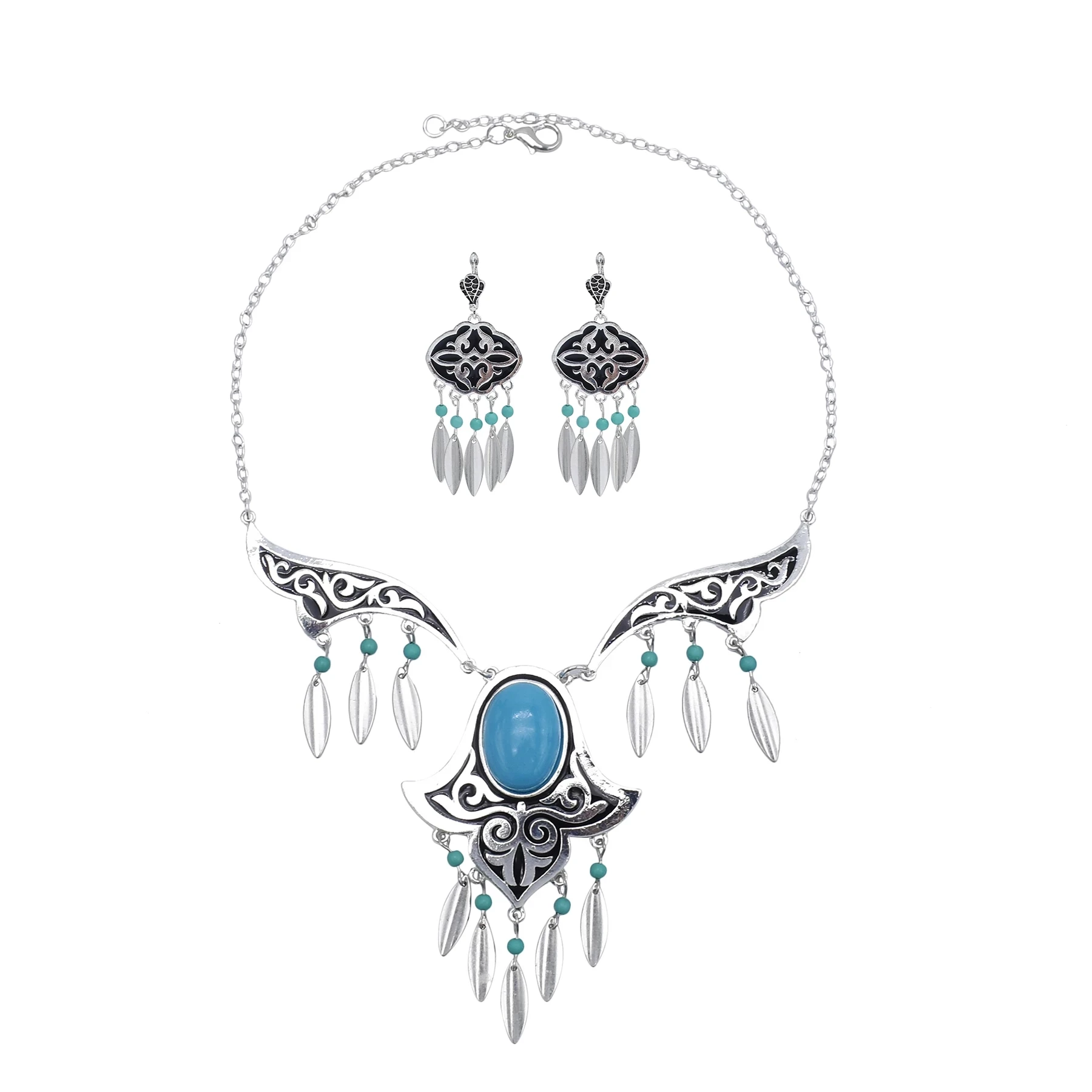 

Bohemian Vintage Blue Beaded Tassel Necklace Earring Set Ethnic Gypsy Party Ornament Jewelry Set