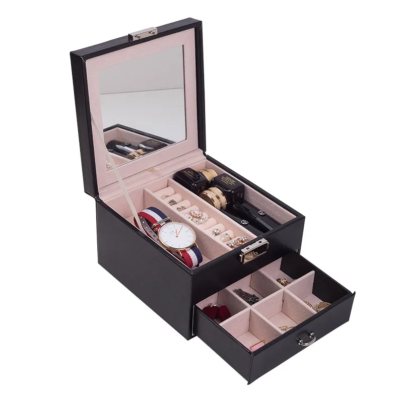 

2020 PU Leather Portable Small Jewelry Box Organizer Travel Jewelry Case Necklace Ring Earrings Jewellery Box, White, black, pink