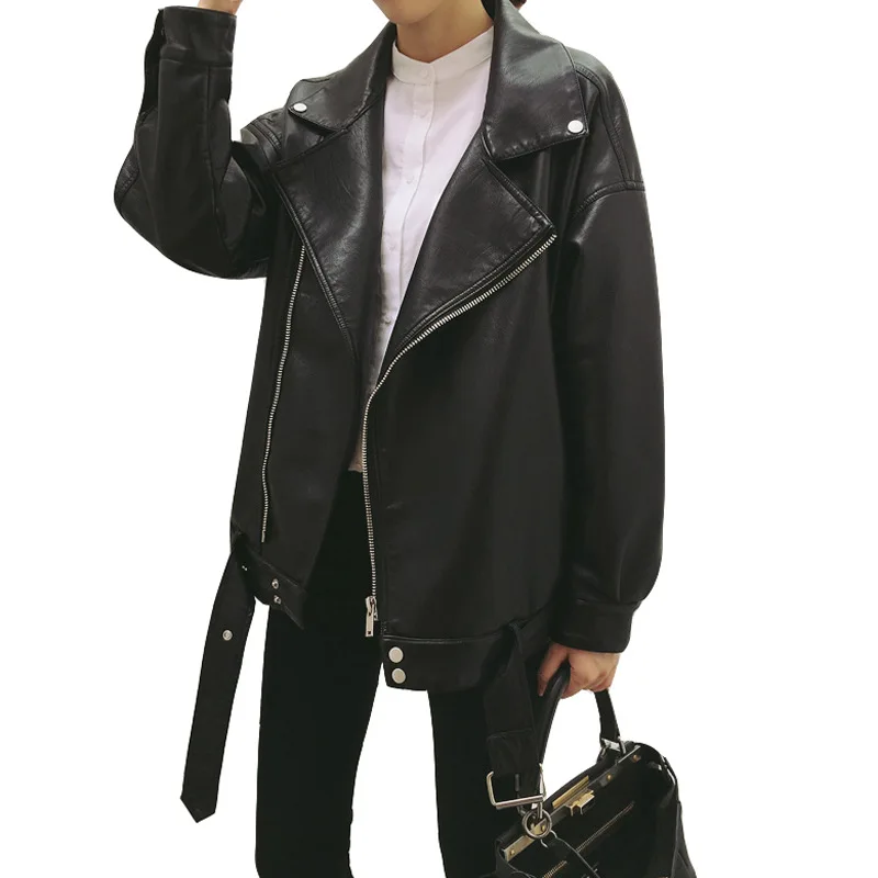 

XQM Spring Black PU Leather Loose Jacket Turn-Down Collar Zipper Fashion Coat Women'S Motorcycle Jacket