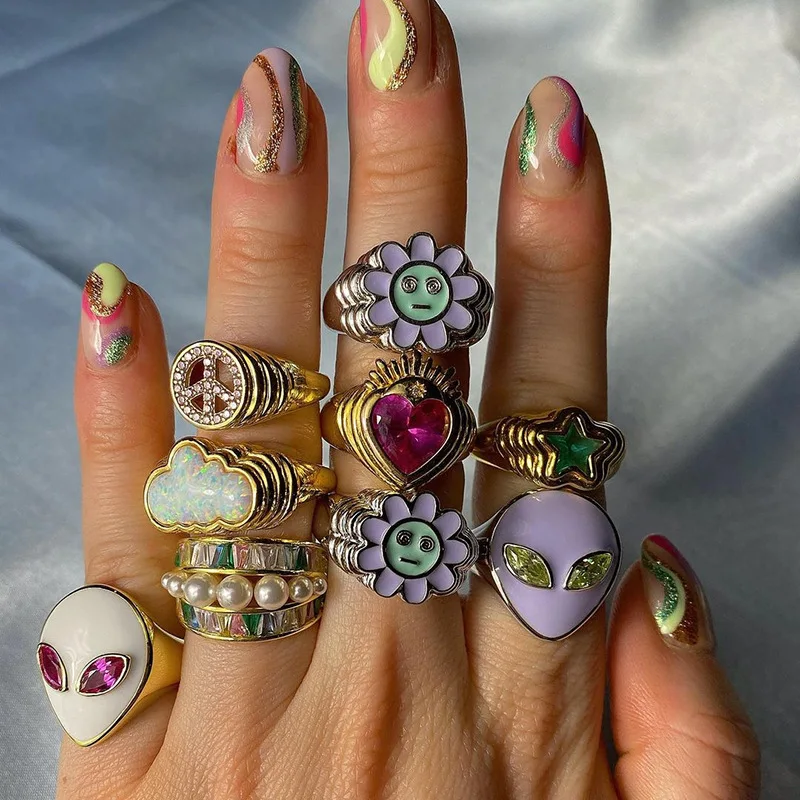 

Fashion New For Girls Popular Women Star Finger Rings Jewelry Fashion Enamel Heart Flower Ring Alien Ring, Gold, silver, rose gold