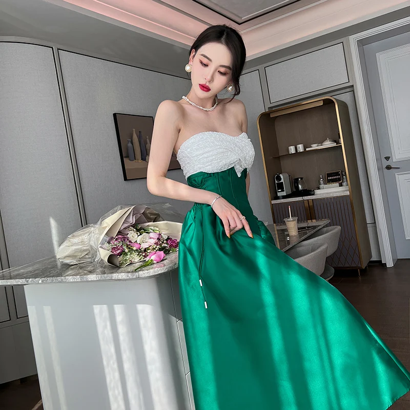 ZYHT 5756 Spring Silky Satin Draped Long Pleated Skirt Lace up Elegant Candy Mid-Calf A- line Skirt Green Skirt