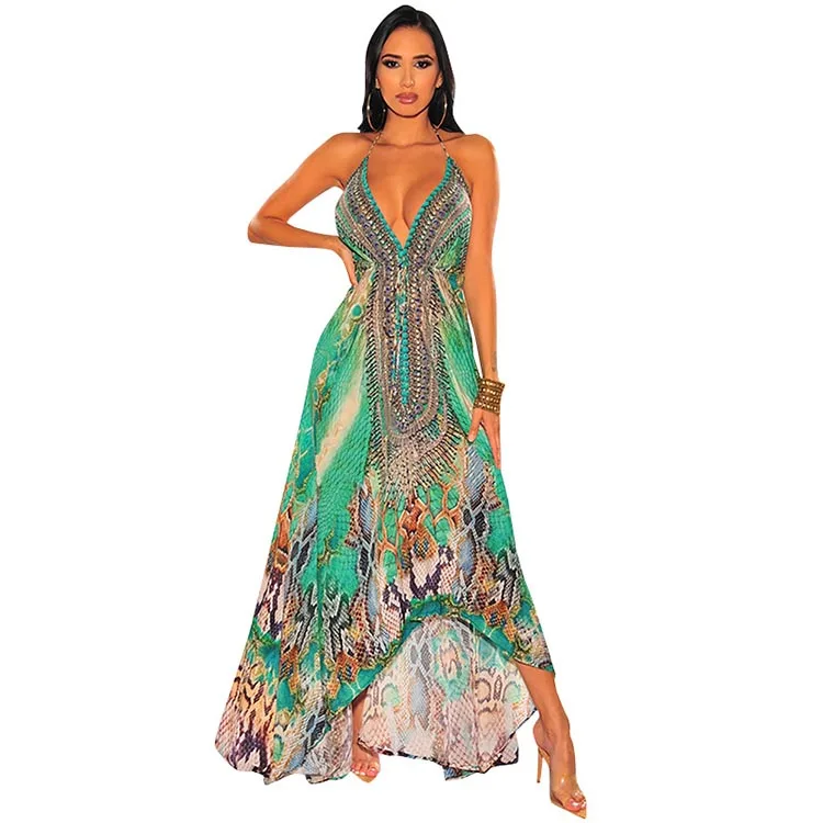 

Summer holiday beach floral print loose halter long maxi sexy slip dress