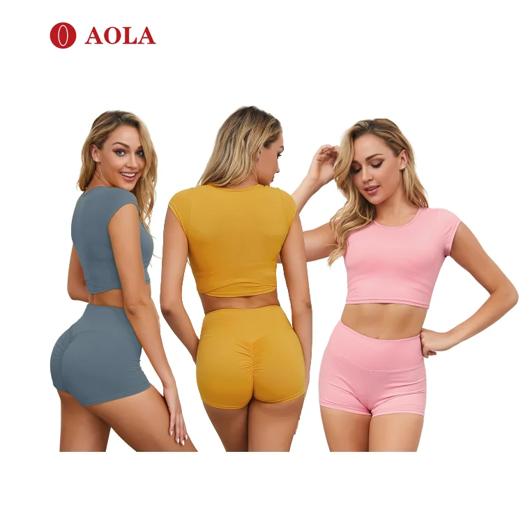 

AOLA Short And Tshirt Set Gym For Sports Wear Breathable Hot Sexy Women Unique Tight Yoga Pants, Pictures shows