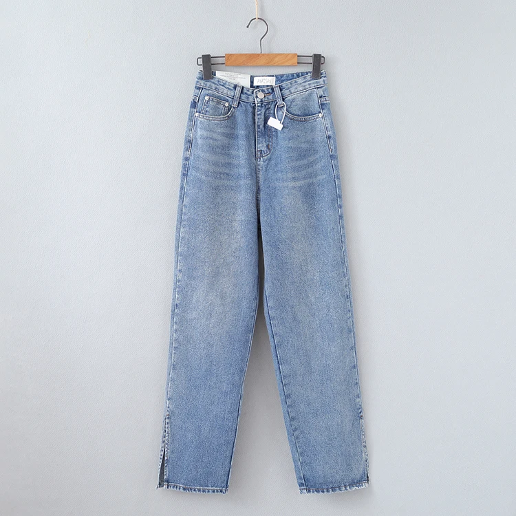 

Blue color high waist straight denim trousers side split womens jeans fashion pant