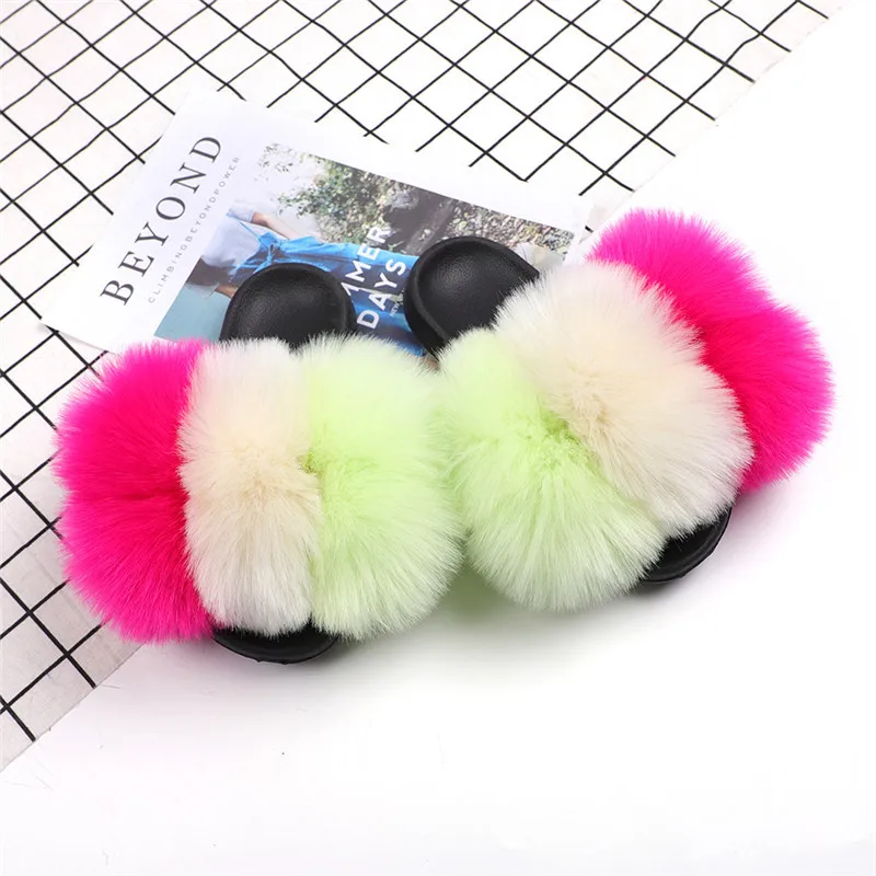 

fluffy fur ball flat slippers women multi color fox fur ball slippers, Red,blue ,green ,orange ,brown