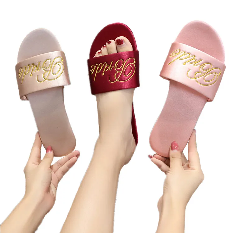 

Bridal Wedding Party Accessories High Quality Embroidery Silk Bride Flip Flop Bridesmaid Maid of Honor Letter Slipper, Multi color