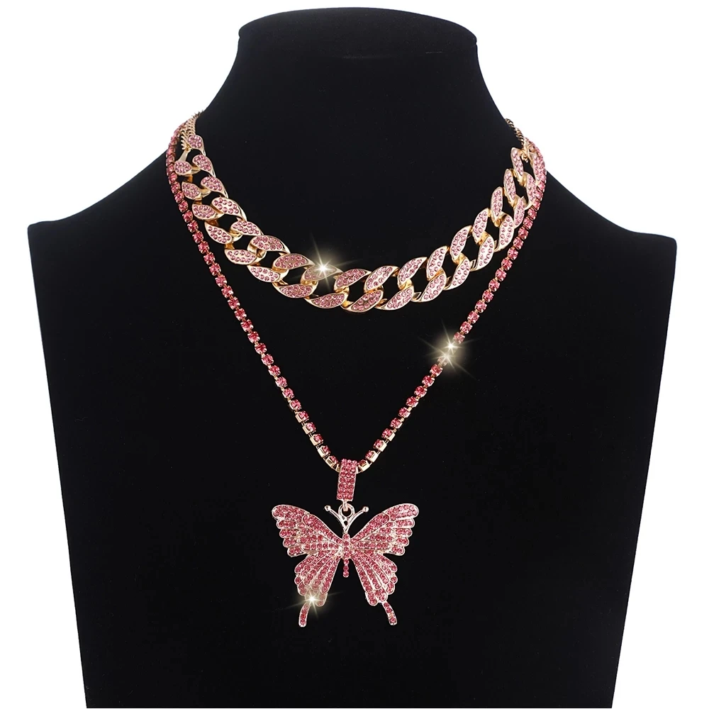 

Fashion Bling Hip Hop Iced Out Butterfly Necklace Cuban Link Chain Choker Pendant Necklace for Women