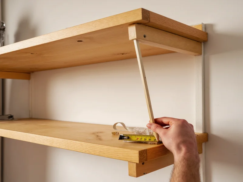 Person assembling wooden shelf with measuring tape