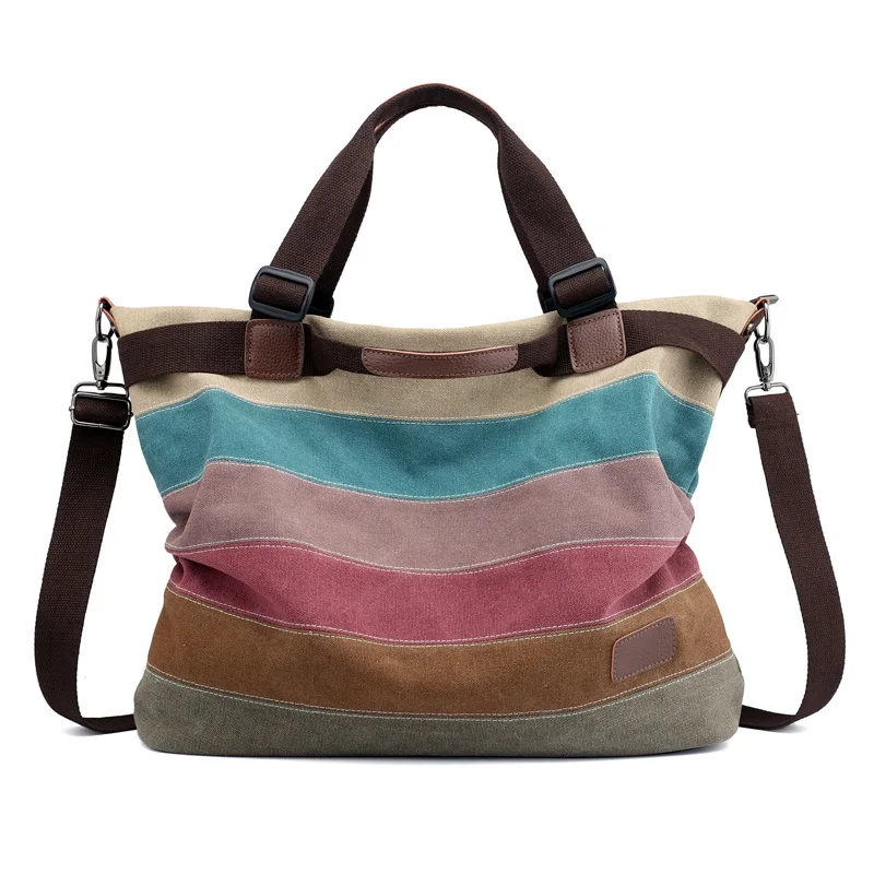 

Canvas women's bag new fashion splicing women's handbag contrast stripe shoulder bag, Customizable