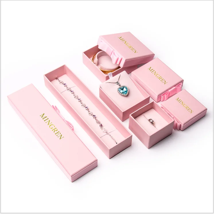 

Custom LOGO Jewelry Packaging Ring Necklace Box Luxury Bowknot Pink Jewelry Paper Boxes Upper Lower Cover Design