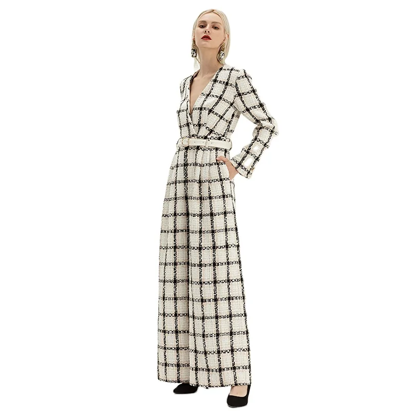 

YIGELILA 2021 Spring Women's Casual Jumpsuit Plaid Tweed Wide Leg Pants Office Ladies' Elegant Black and White Outfits