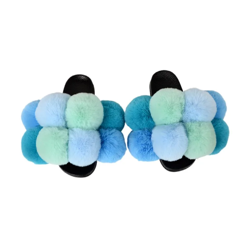 

wholesale casual shoes pom pom fur slides custom ladies fur ball slippers
