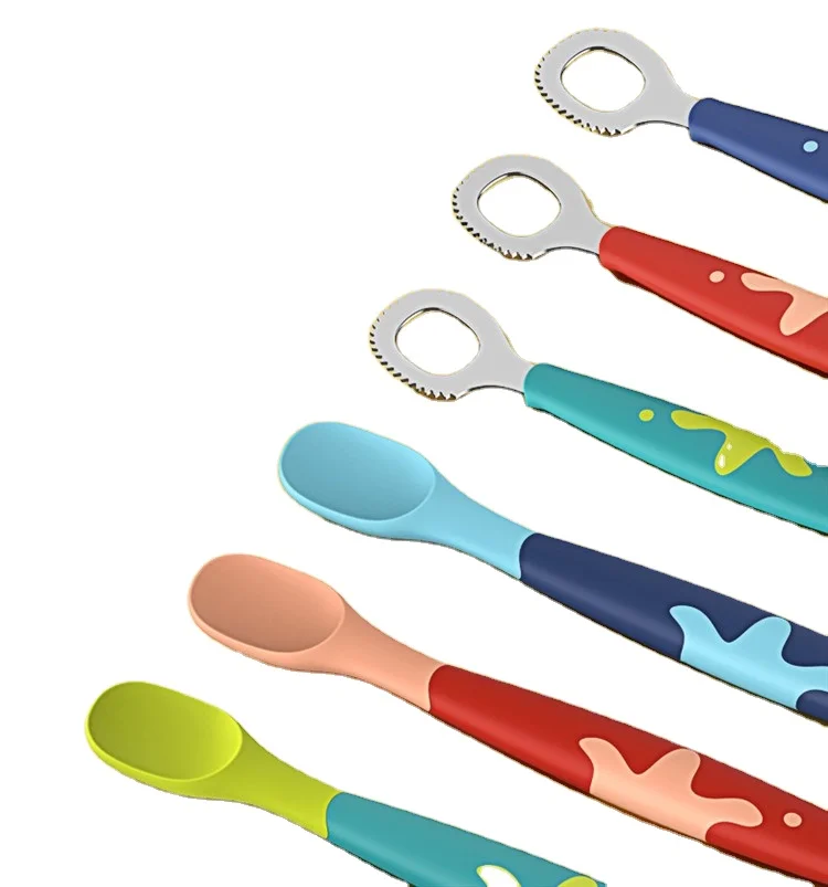 

Logo Creative Birthday presents Soft Spoons Double-Headed Stainless Steel Kids Fruit Tools Baby Safety Non-toxic Silicone Spoon
