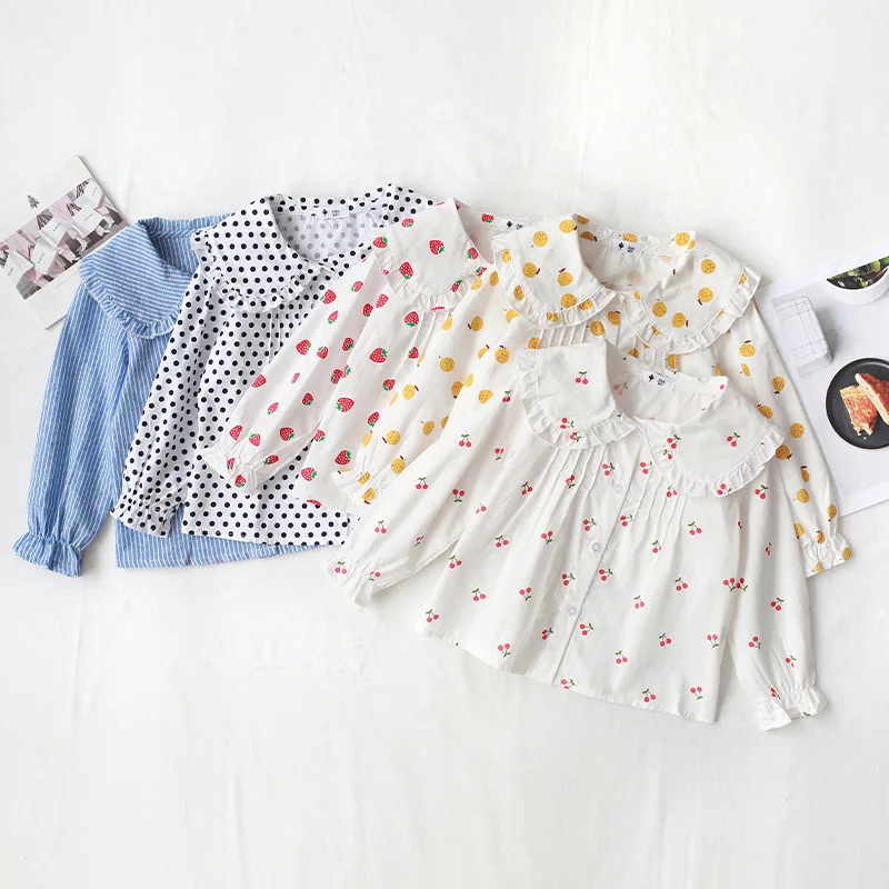 

Girls' shirts long-sleeved 2020 spring and autumn new lapel lace tops baby cotton shirts, Picture