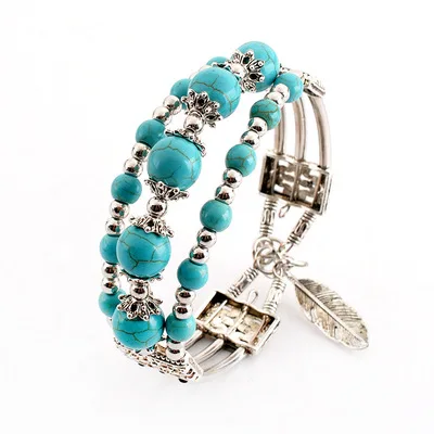 

Amazon Multi-layer Turquoise Beaded Bracelet With Alloy Feather Charms Stone Bangle For Women, As picture