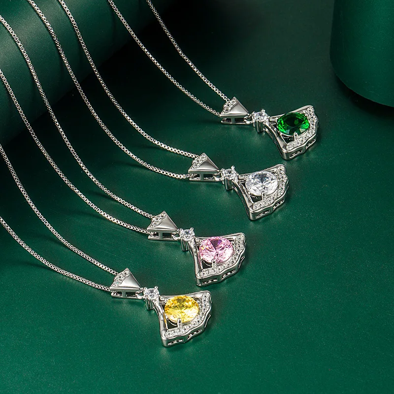 

Amazon Best Selling Colorful Diamond Geometric Sector Pendant Necklaces Fanshaped Gemstone Emerald Necklaces