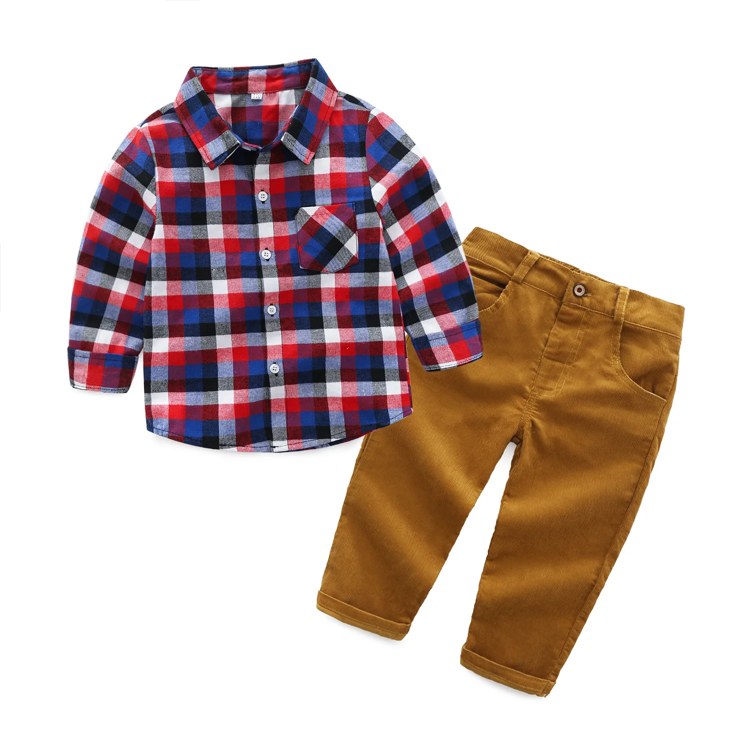 

New spring autumn toddler Boys 2 Pieces Clothing Set cartoon plaid shirt + casual corduroy pants clothing set for kids, Picture shows