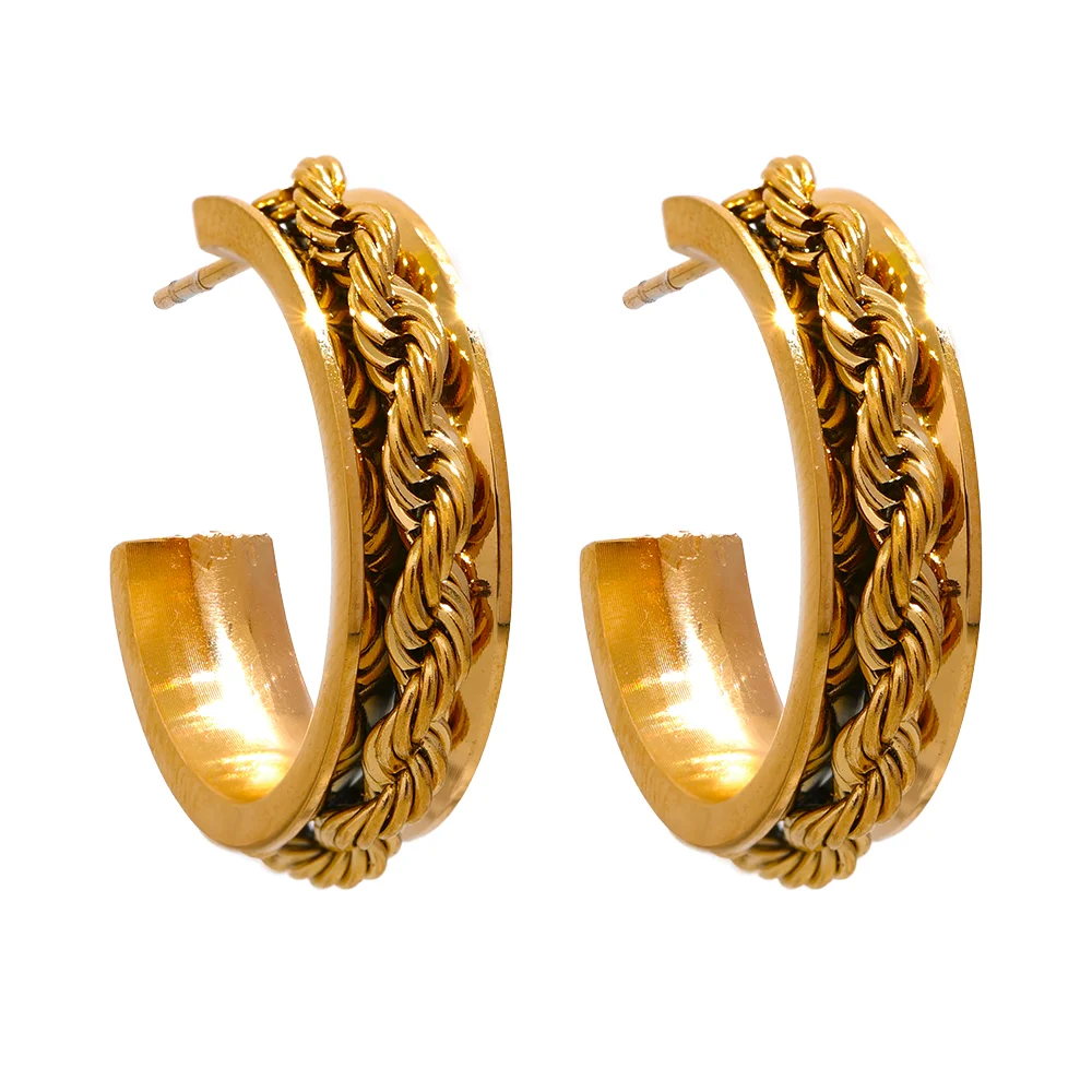 

JINYOU 1826 Stainless Steel 2023 Chain C Shape Geometric Huggie Earrings Golden 18K PVD Plated Texture Chic Jewelry Women Gift