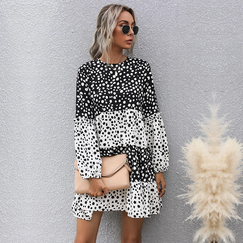 

Fashion Dress Women Ladies Long Sleeve Black White Patchwork Casual Midi Polka Dot Dress