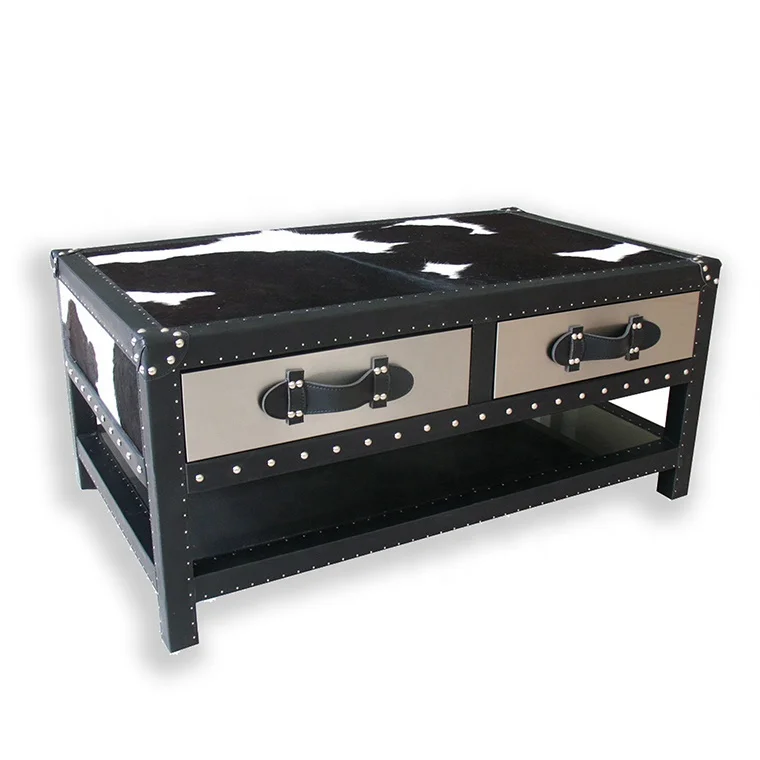 Cowhide Leather Fabric Storage Coffee Table With 2 Drawers Buy