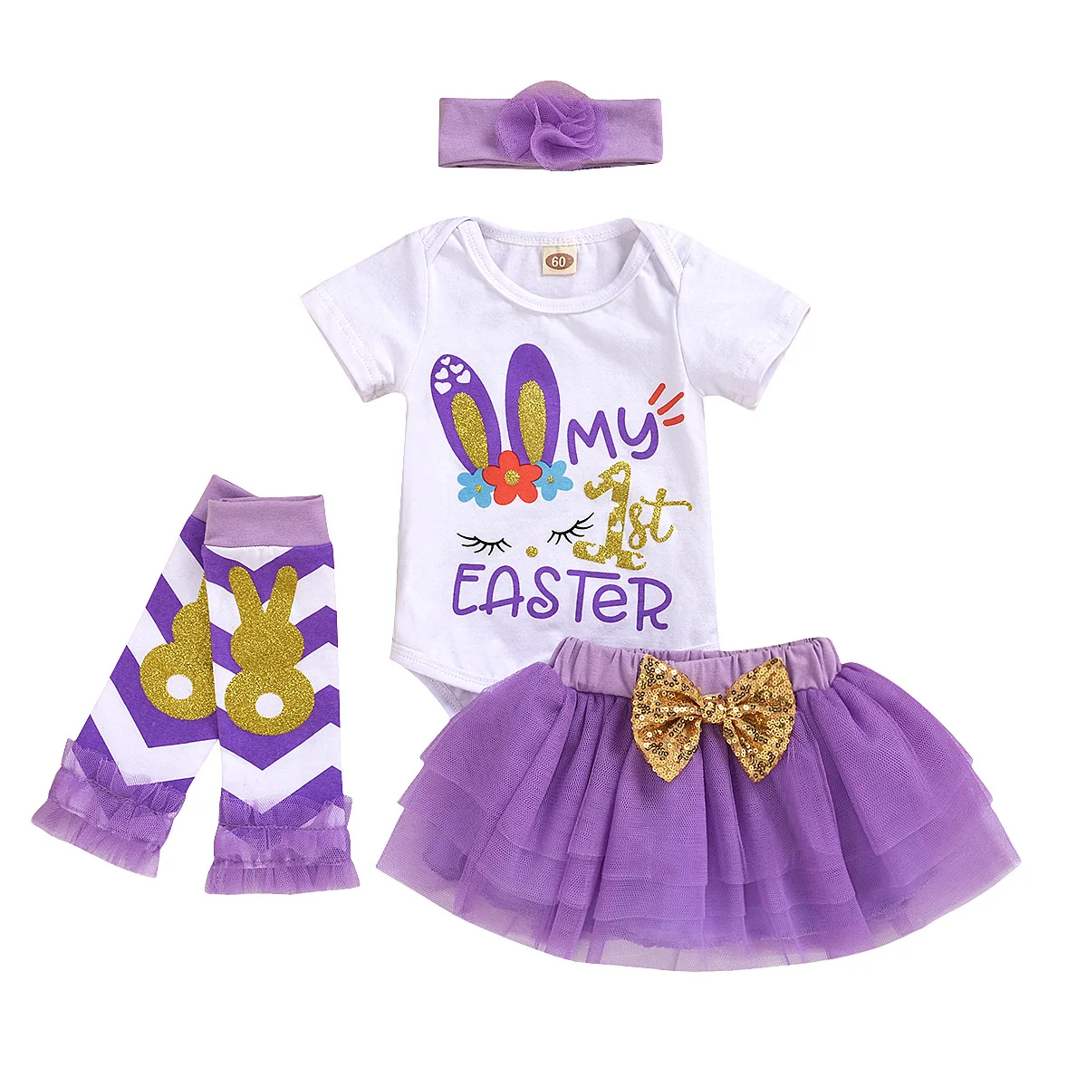 

Toddler Easter Short Sleeve Bunny Romper Purple Bow Tutu Skirt Dress Leg Flower Headband Clothes Baby Girls Clothing Set