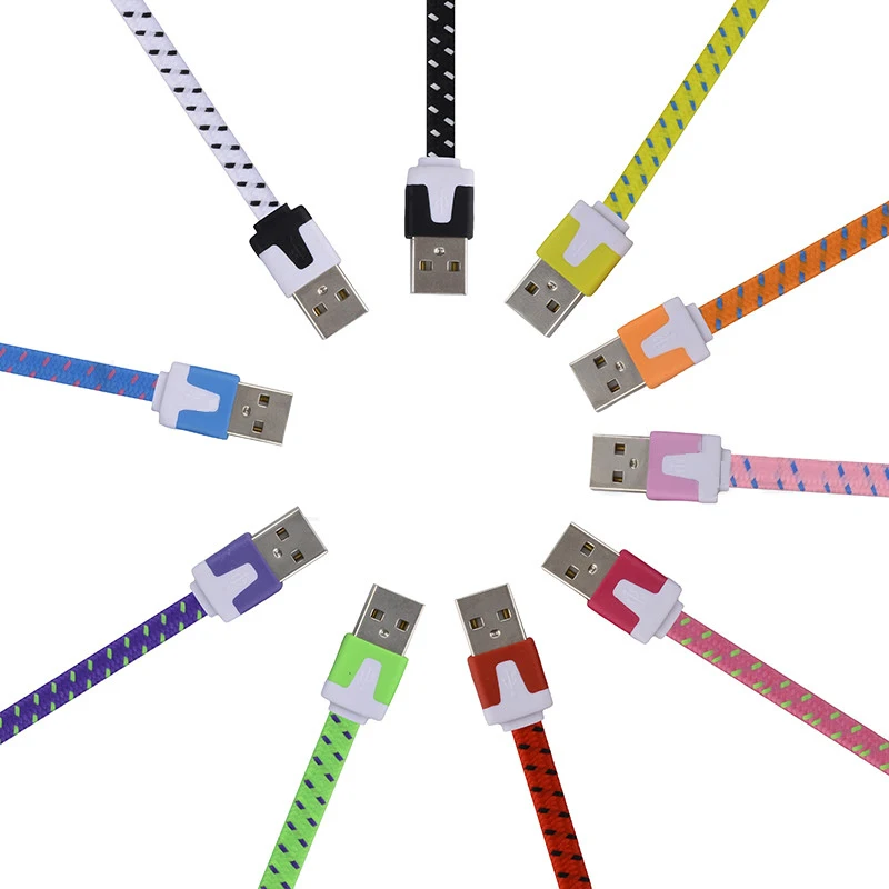 

New Arrival Nylon Braided Colorful noodle Sync data cable for Apple Android type-C flat USB Charging line for cell phone, Red/rose red/pink/orange/yellow/green/blue/purple/black/silver