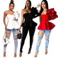 

MT54-8212 One Shoulder Lady Blouse Women Ruffle Tops Fancy Ladies Blouses