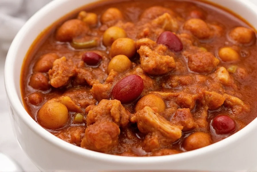 Close-up of perfectly textured turkey chili showing distinct turkey pieces, whole beans, and rich reddish-brown color in white bowl