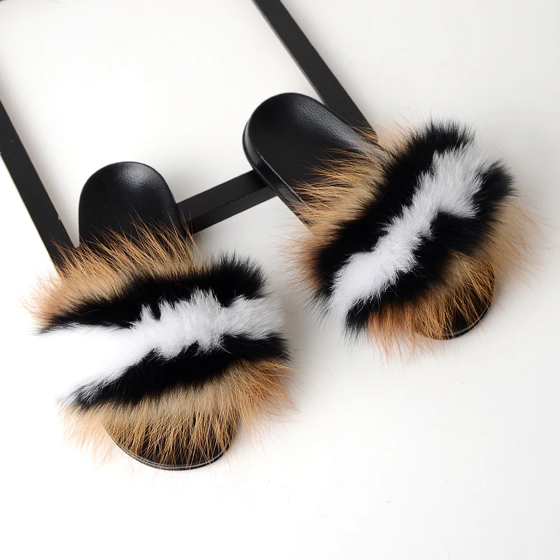 

Wholesale Cheap Furry Real Fox Raccoon Fur Slides 2021 Multi Color Furry Summer Women Fur Slides Slippers, Customized color