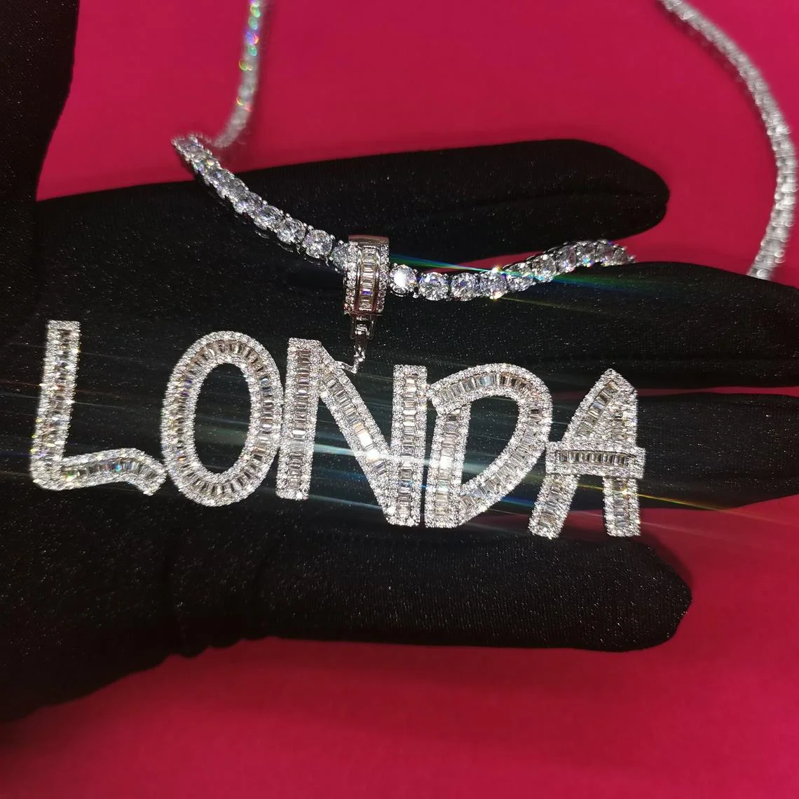 

Hot Selling Punk Jewelry Iced Out Baguette Letters Necklace For Rapper, Silver/ gold/ rose gold