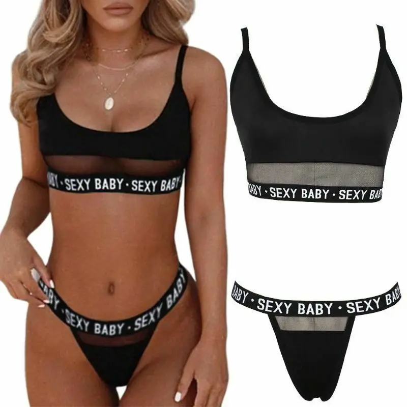 

Custom Logo Sexy Ladies Bralette Mesh Two Piece Transparent Bra Brief Sets Letter Print Bras Thong Panty Set for Woman