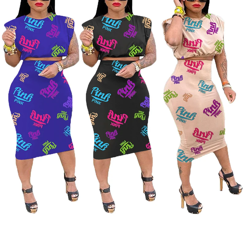 

printed letter pink summer fashion 2 pieces dresses set women clothing