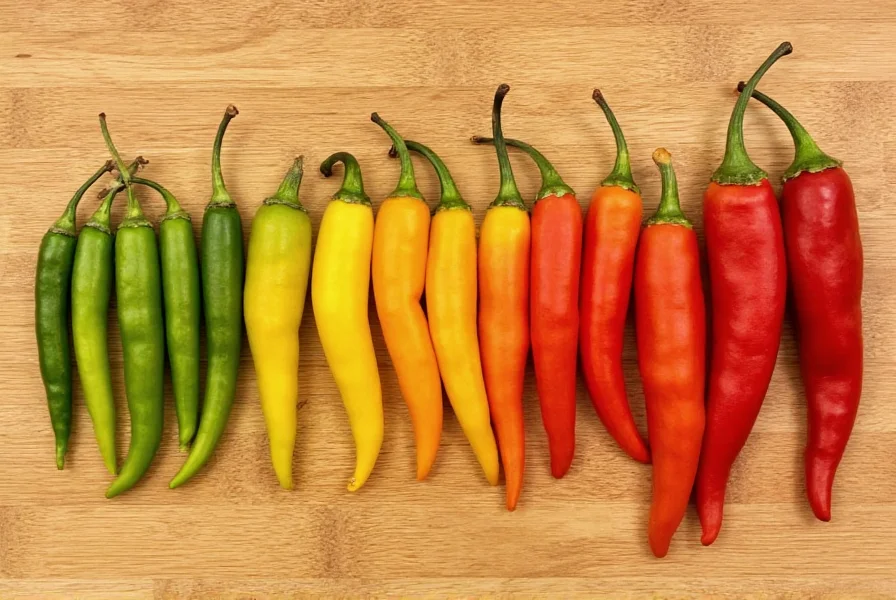 Harvested cubanelle peppers arranged by ripeness from green to red on wooden cutting board