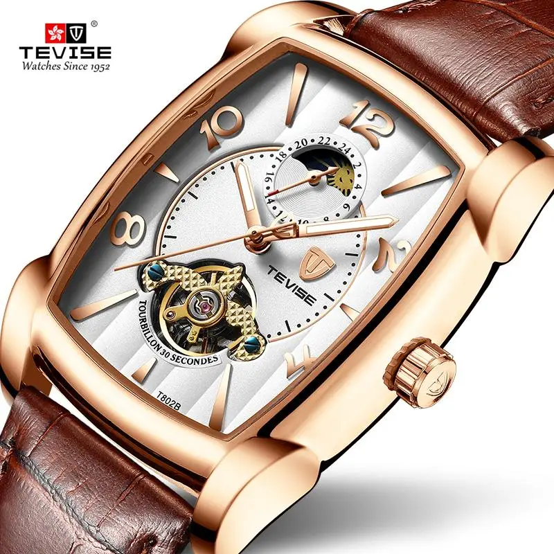 

TEVISE Moon phase Luminous square shaped case leather automatic mechanical men watch T802B, Optional